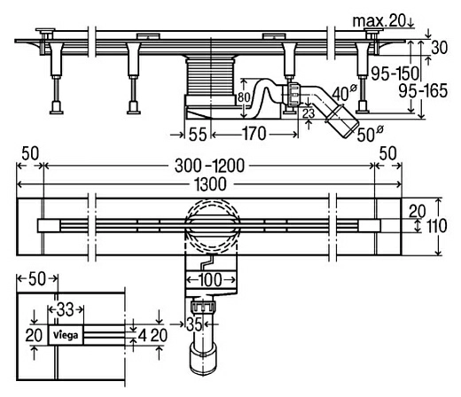 Душевой лоток Viega Advantix Vario Set 704360 с хром решеткой и опорами