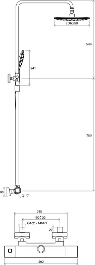 Душевая стойка Ravak TD 091.00/150 с термостатическим смесителем и ручным душем