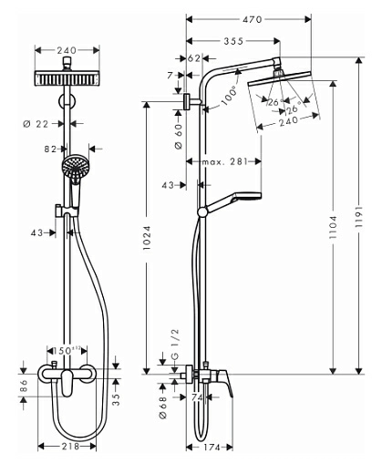 Душевая стойка Hansgrohe Crometta E 240 1jet Showerpipe 27284000