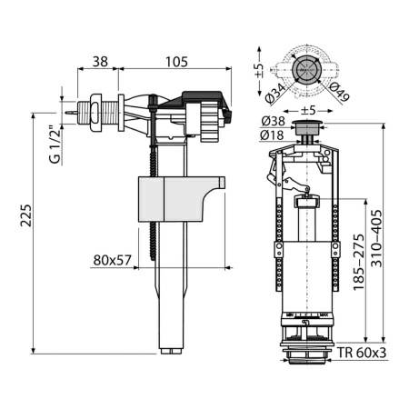 SA2000K 1/2" CHROM Выпускной комплект со стоп кнопкой, боковой, мет. Резьба