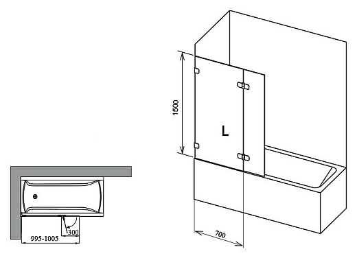 Шторка на ванну Ravak BVS2-100 L Transparent, фурнитура хром