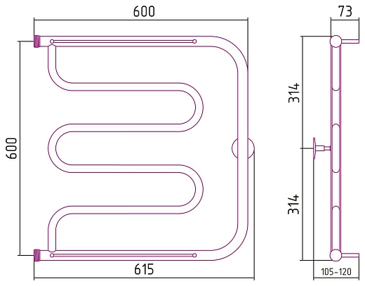 Полотенцесушитель водяной Стилье Тандем 2 полки 600х600 резьба-сгон 1