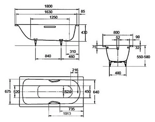 Стальная ванна Kaldewei Advantage Saniform Plus 375-1 (180x80), 112800010001