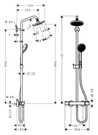 Душевая стойка Hansgrohe Croma 160 Showerpipe 27135000 Душевая стойка Hansgrohe Croma 160 Showerpipe 27135000