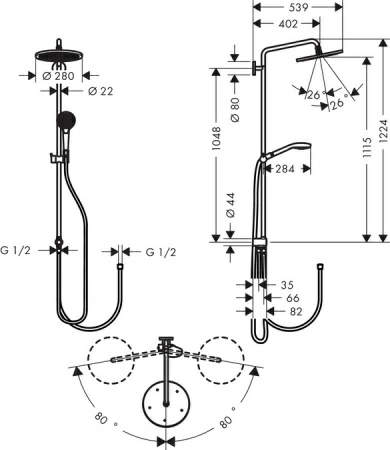Душевой гарнитур Hansgrohe Croma Select 280 Air 1jet Showerpipe Reno EcoSmart 26793000 с верхним душем Душевой гарнитур Hansgrohe Croma Select 280 Air 1jet Showerpipe Reno EcoSmart 26793000 с верхним душем