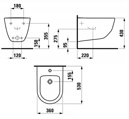 Биде подвесное Laufen Pro New 830952 36x53, 1 отв, для бок, подвода