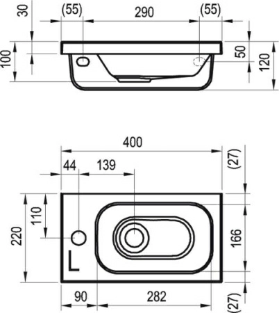 Умывальник мини Ravak Chrome 400 40x22 с отв, слева XJGL1100000 Умывальник мини Ravak Chrome 400 40x22 с отв, слева XJGL1100000