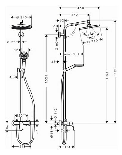 Душевая стойка Hansgrohe Crometta S 240 1jet Showerpipe EcoSmart 27269000 9 л