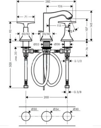 Смеситель Hansgrohe Metropol Classic 31306090 для раковины на 3 отверстия, хром/золото