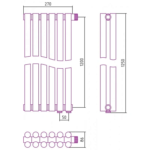 Радиатор трубчатый Сунержа Эстет-11 EU50, 6 секций, нижнее подключение, цвет золото, 03-0312-1206