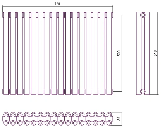 Радиатор стальной трубчатый Сунержа Эстет-00, ширина 75 см, высота 50 см, 16 секций, боковое подключение, хром, 00-0332-5016