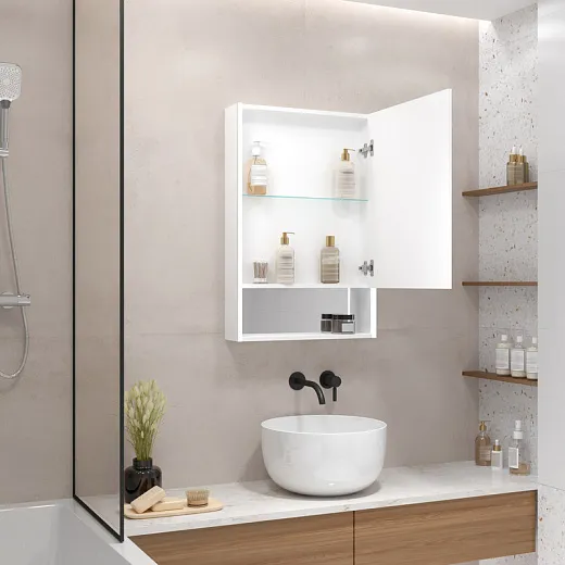 Зеркальный шкаф Filit White 500х800 правый, лента в алюминиевом профиле, датчик движения (с функцией изменения яркости), розетка, логотип "Continent", открытая зеркальная ниша МВК182