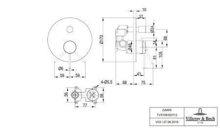 Однорычажный смеситель скрытого монтажа Villeroy&Boch Dawn, TVS10635311361