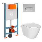 Инсталляция с унитазом VitrA Sanibelle 9878B003-7200 комплект 4 в 1 с сиденьем микролифт безободковый цвет клавиши глянцевый хром