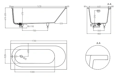 Ванна Salini Ornella Kit 102414GF, 170 х 80 см, из искусственного камня S-Sense, цвет белый глянцевый, покраска по RAL полностью