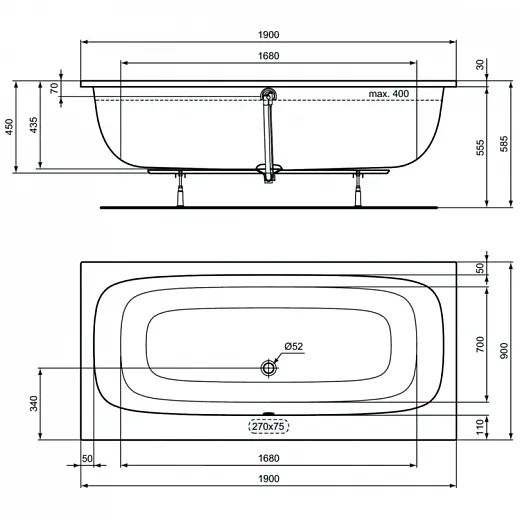 Ванна акриловая прямоугольная Ideal Standard Duo T476501 190x90см,