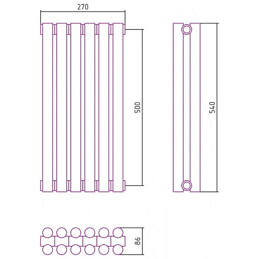 Радиатор отопления Сунержа Эстет-11, 6 секций, боковое подключение, цвет матовая шампань, 022-0302-5006
