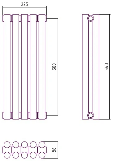 Радиатор стальной трубчатый Сунержа Эстет-11, ширина 25 см, высота 50 см, 5 секций, боковое подключение, хром, 00-0302-5005