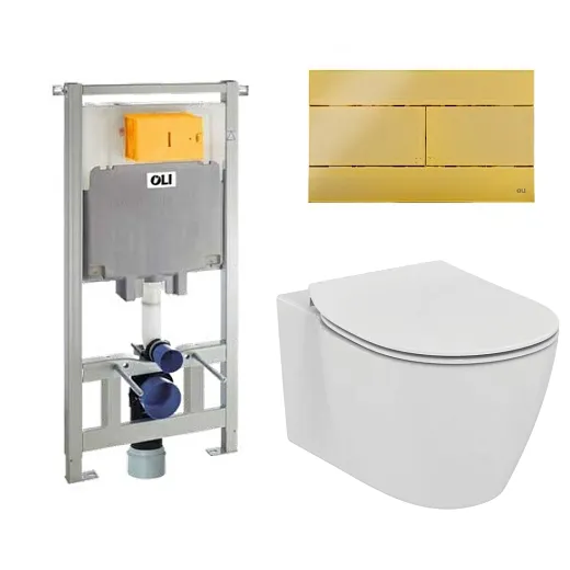 Комплект: инсталляция OLI 80 + клавиша смыва Slim золото + унитаз подвесной Ideal Standard Connect AquaBlade с сиденьем Soft-Close, 885111+154962+E047901+E772401