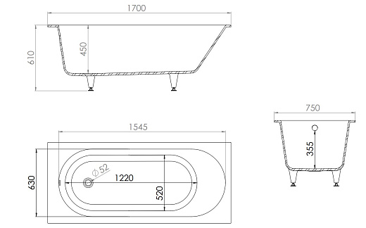 WBO175001 Ванна каменная KUPALA OBEREG 170x75 см стандартный слив (Solid Surface)