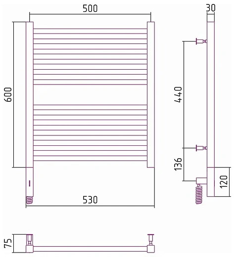 Полотенцесушитель электрический Сунержа Модус 3.0, 600x500, с блоком управления МЭМ слева/справа, хром