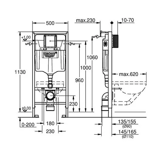 Инсталляция для унитаза Grohe Rapid SL с кнопкой Grohe Skate Cosmopolitan, хром, 38536001+38732000