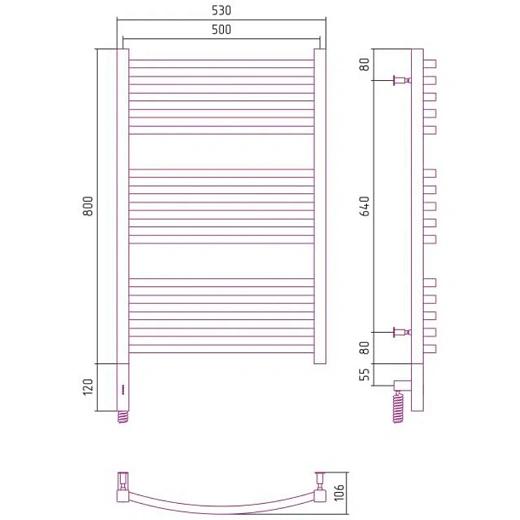 Полотенцесушитель электрический Сунержа Аркус 3.0, высота 80 см, ширина 50 см, диммер слева/справа, цвет шампань, 020-5704-8050/020-5705-8050