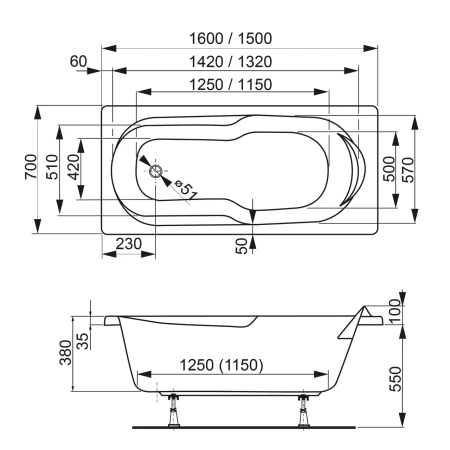 Акриловая ванна VAGNERPLAST NYMFA 160×70 Акриловая ванна VAGNERPLAST NYMFA 160×70