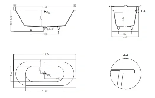 Ванна Salini Ornella Axis 103413GF, 170 х 75 см, из искусственного камня S-Sense, цвет белый, покраска по RAL полностью