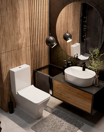 Чаша напольного унитаза AQUAme AQM1005 напольный Rimless c сиденьем SoftClose, горизонтальный выпуск. 620x345x415мм