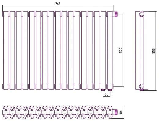 Радиатор стальной трубчатый Сунержа Эстет-00 EU50, ширина 80 см, высота 50 см, 17 секций, нижнее подключение левое EU50/правое EU50, хром, 00-0322-5017