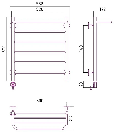 Полотенцесушитель электрический Стилье Формат 20 ТП/ТЛ 00520-6050/00521-6050, с полкой, 600x500, хром