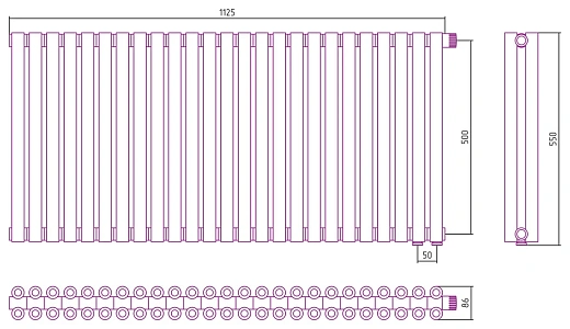 Радиатор стальной трубчатый Сунержа Эстет-00 EU50, ширина 115 см, высота 50 см, 25 секций, нижнее подключение левое EU50/правое EU50, хром, 00-0322-5025