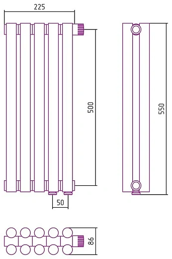 Радиатор стальной трубчатый Сунержа Эстет-11 EU50, ширина 25 см, высота 50 см, 5 секций, нижнее подключение левое EU50/правое EU50, хром, 00-0312-5005