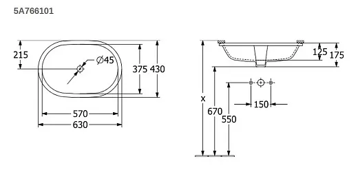 Накладной умывальник 57 см Villeroy&Boсh Architectura 5A766101