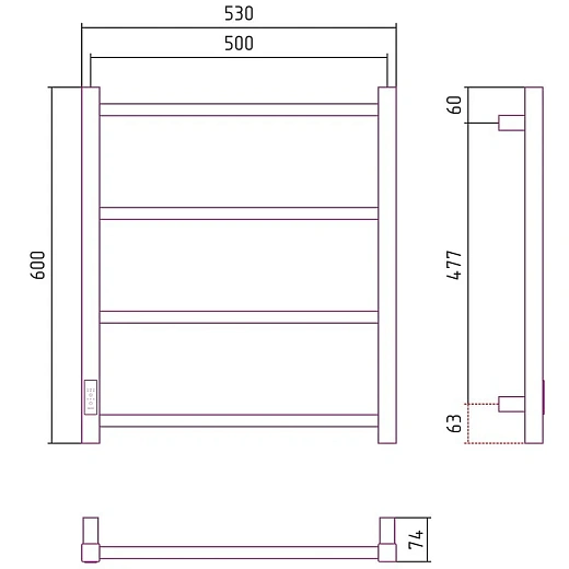 Полотенцесушитель электрический Стилье Формат 26, ширина 50 см, высота 60 см, диммер слева/справа, черный, 31527-6050/31526-6050