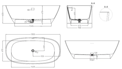 Ванна Salini Sofia 102519GF, 185 х 90 см, из искусственного камня S-Sense, цвет белый, покраска по RAL полностью