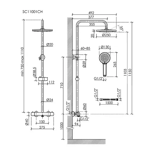 Душевая система Sancos Teo SC11001MB, термостатическая, черная матовая