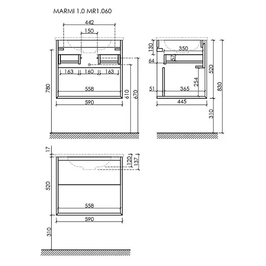 Тумба под раковину Sancos Marmi 1.0 MR1.060ECH, 60 см, подвесная, цвет дуб чарльстон