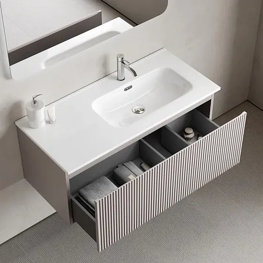 Тумба под раковину Sancos SNOB R 1.0, SNR1.0100LSM/SNR1.0100RSM, 100 см, подвесная, чаша левая/правая, Doha Soft