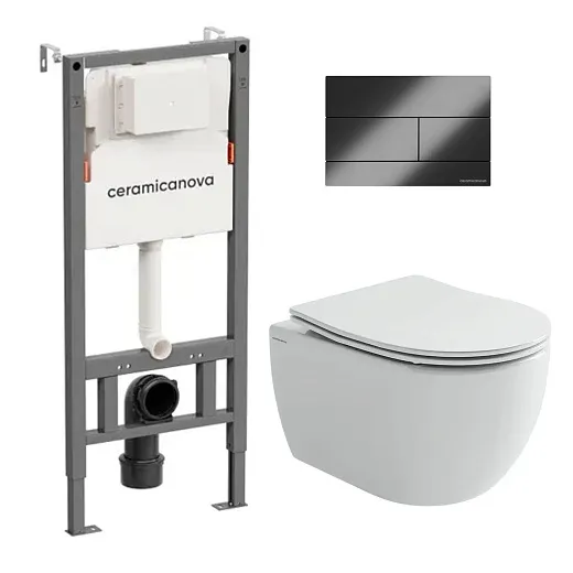Комплект: инсталляция Ceramicanova Balance с кнопкой Balance Rect воронёная сталь и унитаз подвесной Ceramicanova Play Tornado с сиденьем микролифт