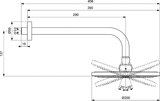 Верхний душ Ø200 мм Ideal Standard с держателем 300 мм (BD140AA+B9444AA)