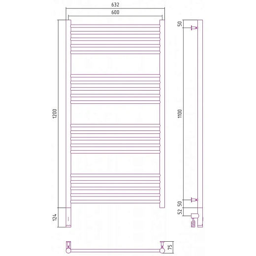 Полотенцесушитель электрический Сунержа Богема 3.0, высота 120 см, ширина 60 см, диммер слева/справа, цвет матовое золото, 032-5804-1260/032-5805-1260