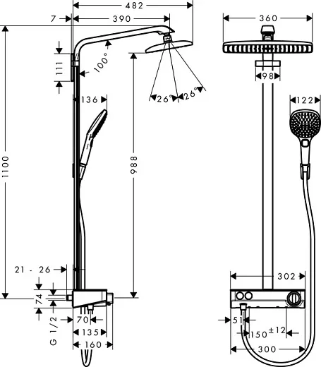 Душевая система Hansgrohe Raindance Select E 360 1jet ST Showerpipe 27288400, белый/хром