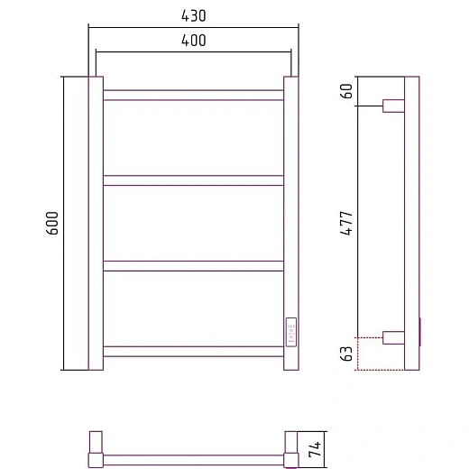Полотенцесушитель электрический Стилье Формат 26, ширина 40 см, высота 60 см, диммер слева/справа, черный, 17527-6040/17526-6040