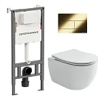 Комплект: инсталляция Ceramicanova Balance с кнопкой Balance Rect золото брашированное и унитаз подвесной Ceramicanova Play Tornado с сиденьем микролифт