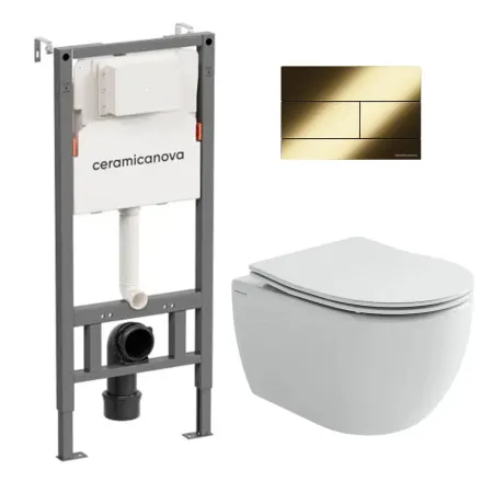 Комплект: инсталляция Ceramicanova Balance с кнопкой Balance Rect золото брашированное и унитаз подвесной Ceramicanova Play Tornado с сиденьем микролифт