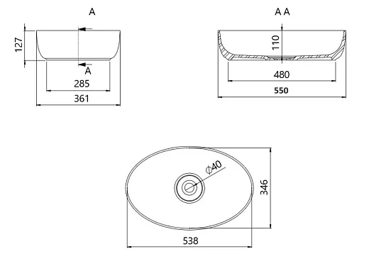 WB55001 Раковина чаша KUAPALA LADIA 53х36 см, (Solid Surface)