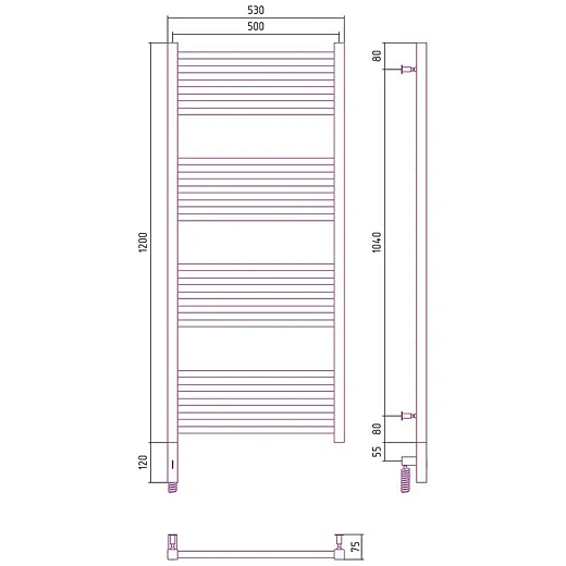 Полотенцесушитель электрический Сунержа Модус 3.0 1200 x 500, ширина 50 см, высота 120 см, МЭМ, левый/правый, темный титан муар