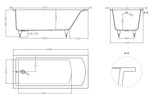 Ванна Salini Cascata 104123MF, 170 х 75 см, из искусственного камня S-Stone, цвет белый матовый, покраска по RAL полностью